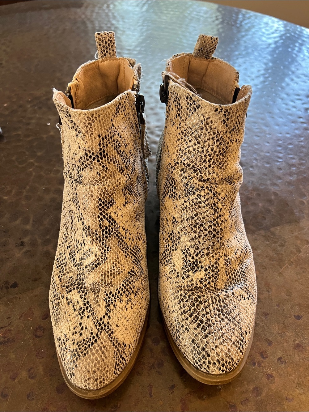 Very G Snake-Print Ankle Booties in Tan and Black